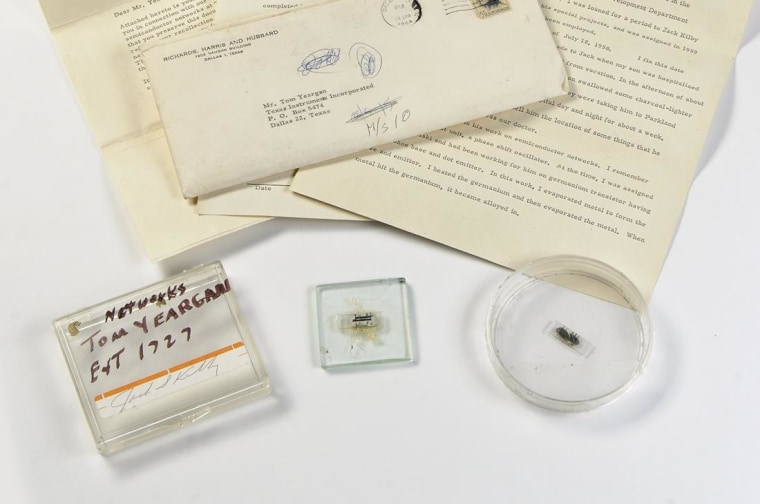 The lot comprises the original 1958 prototype, a second early chip, and a letter from inventor Jack Kilby describing the process of creating them.