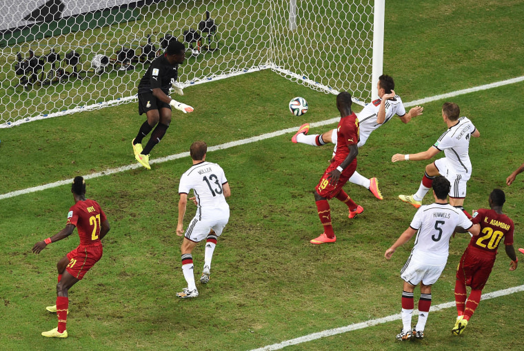Image: Miroslav Klose of Germany scores his team's second goal past Fatawu Dauda of Ghana during the 2014 FIFA World Cup Brazil Group G match between Germany and Ghana