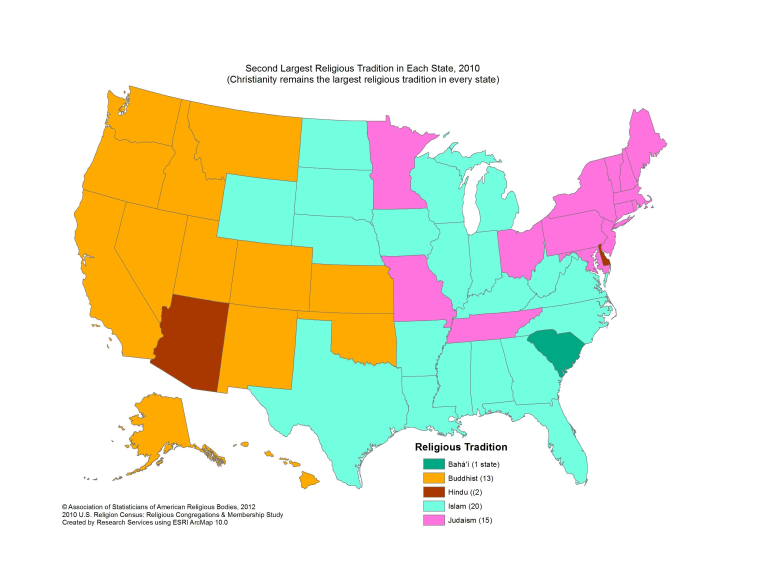 A map from the Association of Statisticians of American Religious Bodies showing the largest non-Christian groups in each U.S. state.