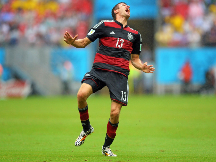 Image: Germany's Thomas Mueller reacts after scoring.