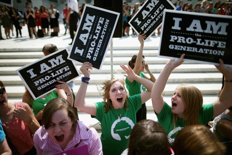 Image: Anti-abortion advocates cheer in front of the Supreme Court after the decision in Burwell v. Hobby Lobby Stores was announced