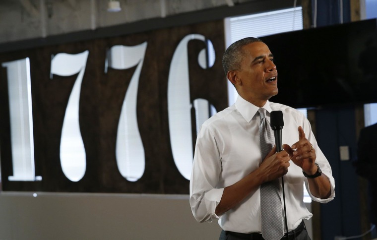 Image: U.S. President Obama speaks about the job numbers and the economy during a visit to 1776, a tech startup hub, in Washington