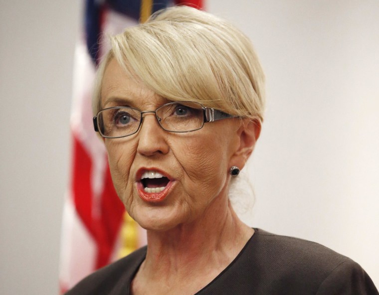 Image:Arizona Republican Gov. Jan Brewer speaks at a news conference at the Arizona Capitol on Feb. 26, in Phoenix. 