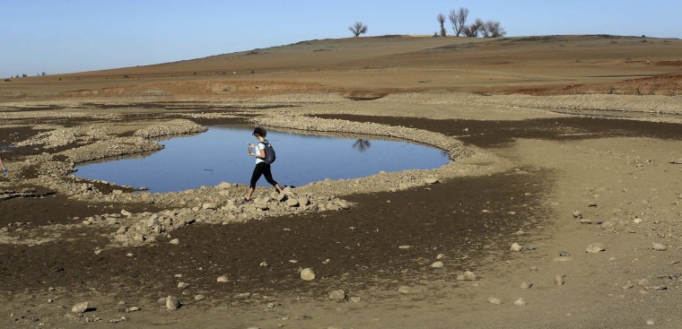 Image: File photo of a visitor walking near the receding waters at Folsom Lake, which is 17 percent of its capacity, in Folsom