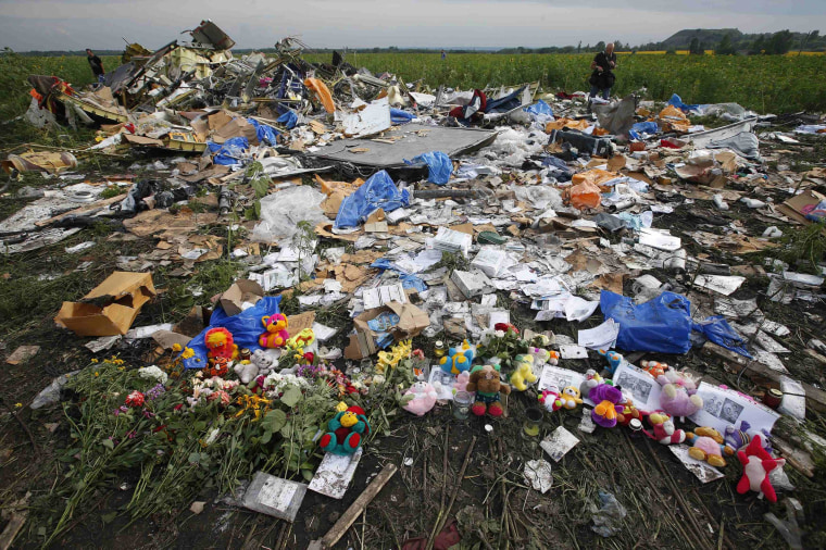 Image: Flowers and mementos left by local residents at the crash site of Malaysia Airlines Flight MH17 are pictured near the settlement of Rozspyne in the Donetsk region