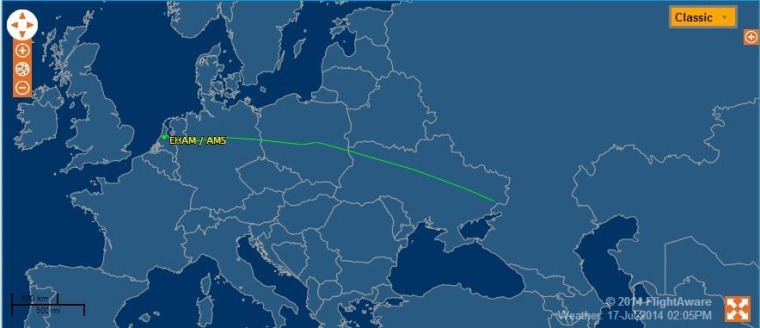 A FlightAware map tracks the route of the Malaysia Airlines plane that crashed in Ukraine.
