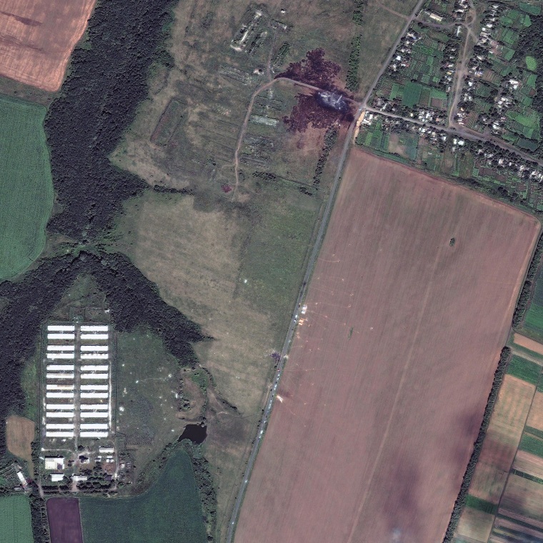 Image: DigitalGlobe’s QuickBird satellite captured this image of the Malaysia Airlines Flight 17 crash site in the settlement of Grabovo in eastern Ukraine, on Sunday.