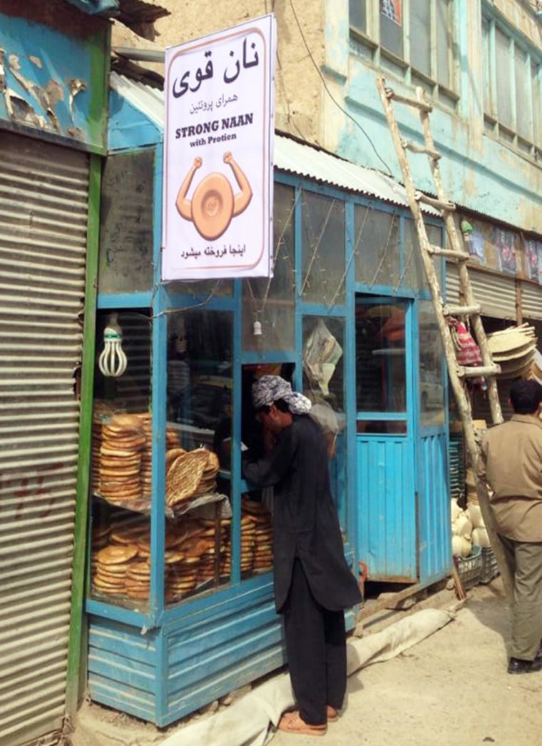 Image: The English-language “Strong Naan” sign and logo are part of the project’s efforts to market the soy-based flour, which has had poor sales