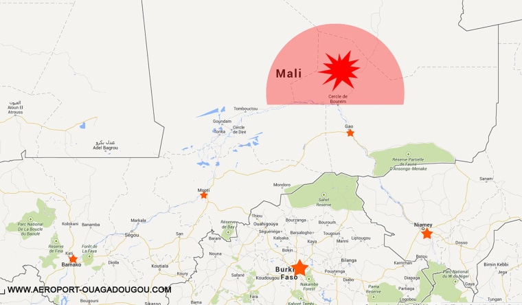Image: A map posted on the website of Ouagadougou Airport showing the area where an Air Algerie flight went missing.