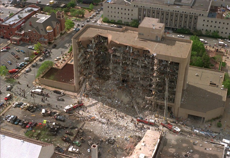 Image: The north side of the Alfred Murrah Federal Building in Oklahoma City is missing after what federal authorities believe to be a car bomb exploded on April 19, 1995