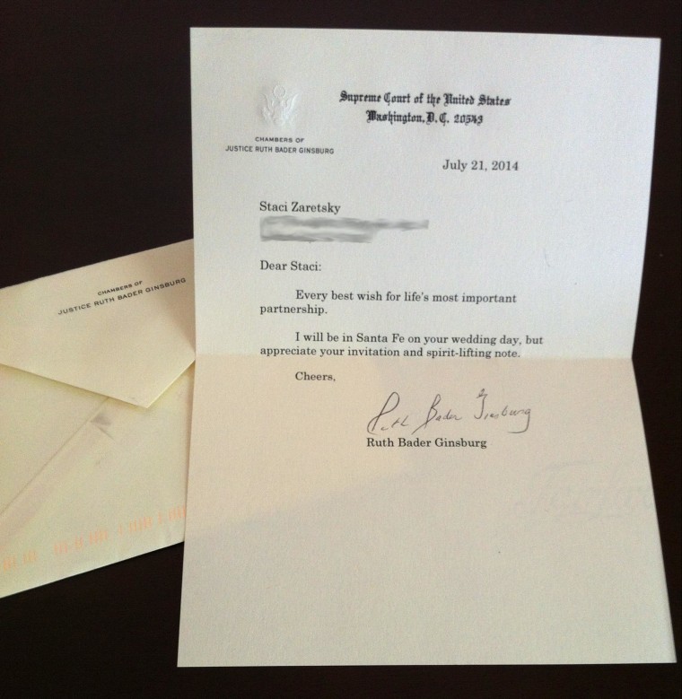 Image: Supreme Court Justice Ruth Bader Ginsburg’s letter to bride-to-be Staci Zaretsky