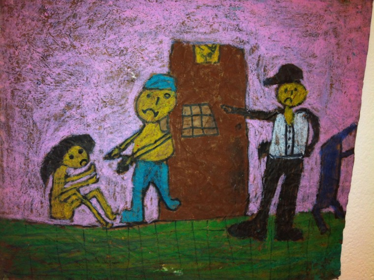 A child's drawing, made in a workshop for street children, appears to depict a scene in a police station.