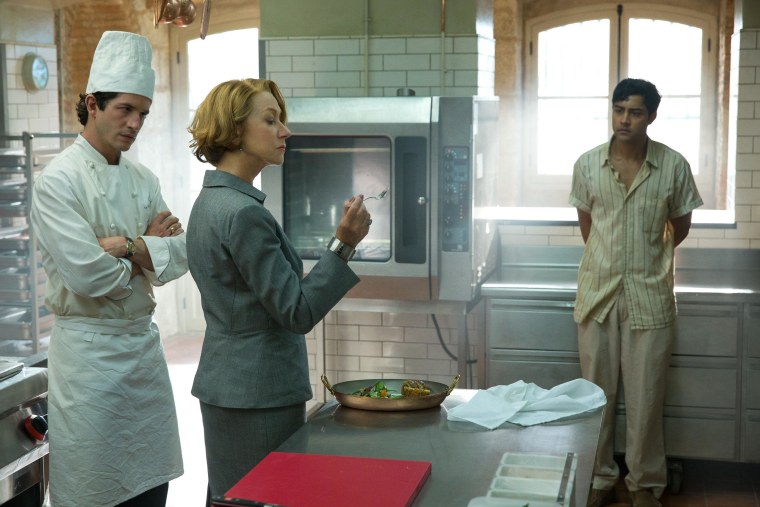 (Left to right) Clement Sibony is Jean-Pierre, Helen Mirren is Madame Mallory, and Manish Dayal is Hassan in "The Hundred-Foot Journey," produced by Steven Spielberg, Oprah Winfrey and Juliet Blake and directed by Lasse Halstrom.