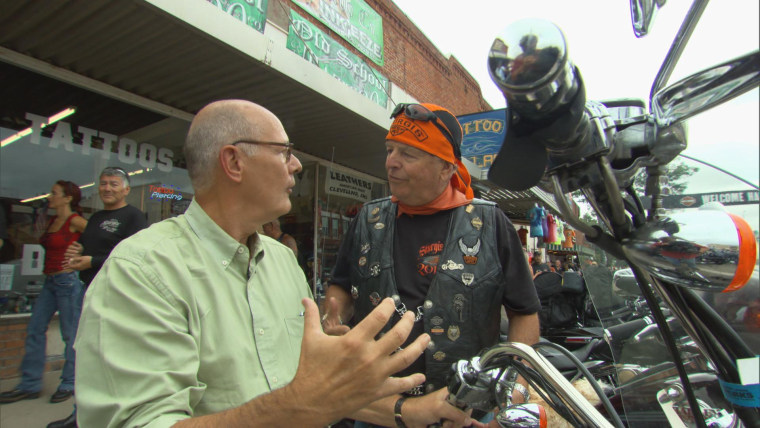 Harry Smith talks to biker J.B. Hayer, a financial advisor from Florida that has been coming to the Sturgis Rally for 20 years.