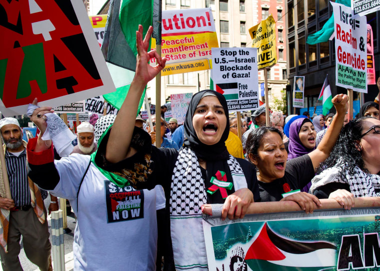 Image: Safa Khouli, center, of New York, marches in support of ending the violence in Gaza during a rally in New York, Saturday, Aug. 9.