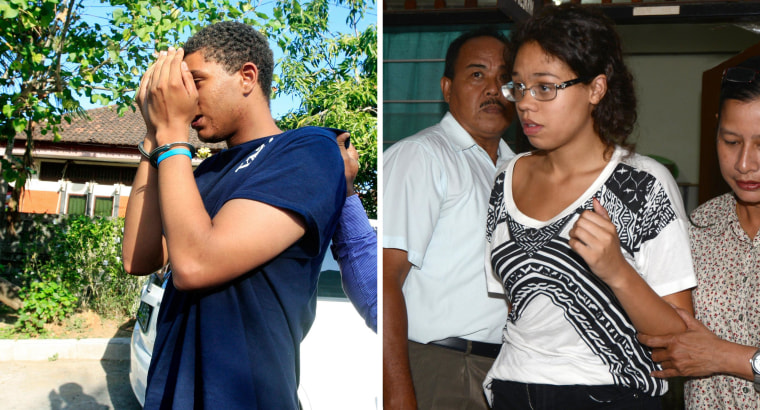 Image: Indonesian police escort Tommy Schaefer, left, and Heather Mack for questioning in relation to the death of Mack's mother on the resort island of Bali.