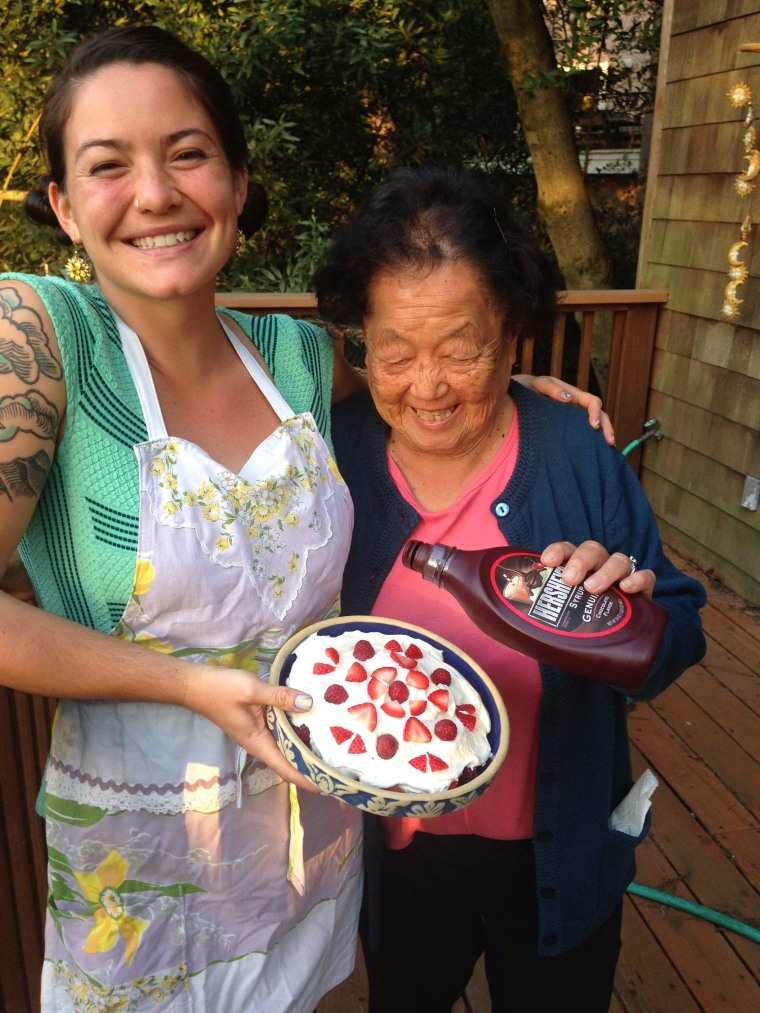 Mollie Roark and her grandmother, Kiku Ito, in the kitchen at their home in Oakland.