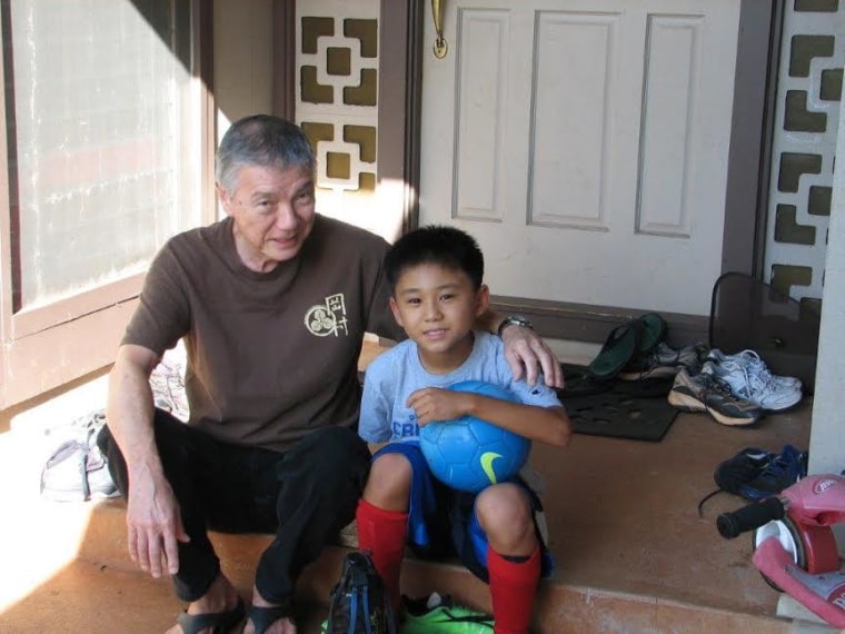 Jenee Odani's father, Howell Ching, and her son, Nick, at home on Oahu.