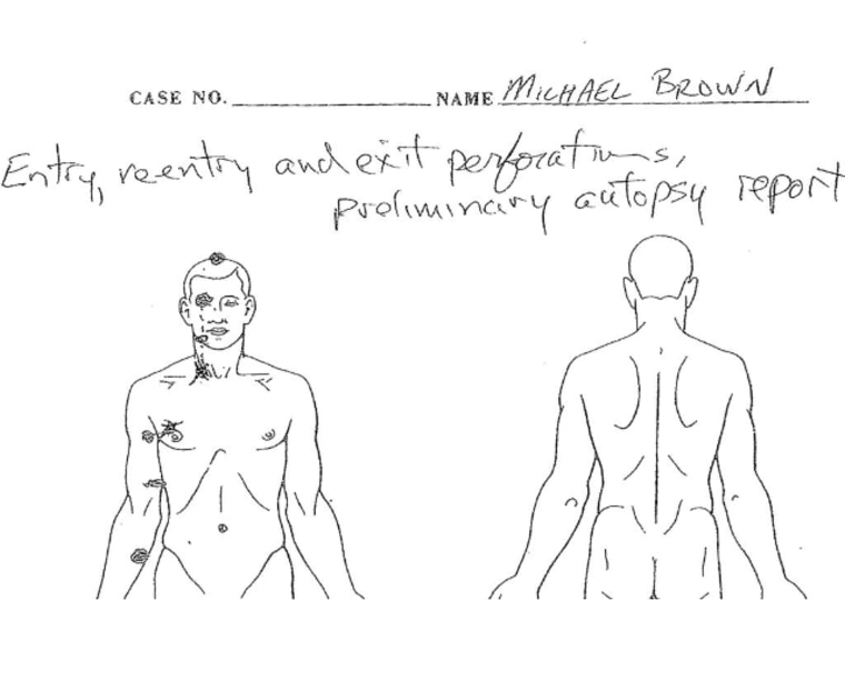 A partial image of the preliminary autopsy report obtained by NBC News from attorney Anthony Gray, who represents Michael Brown's family.
