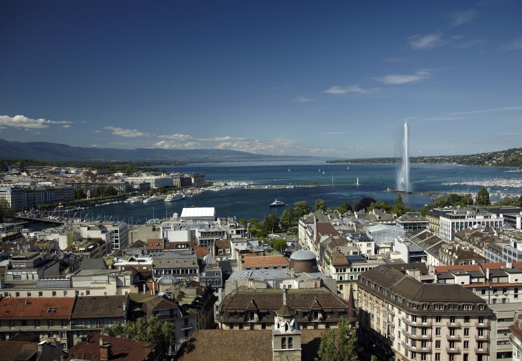 Overview picture shows Jet d'Eau and Lake Leman from the St-Pierre Cathedrale in Geneva