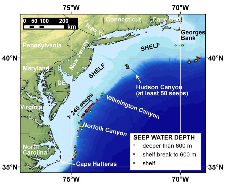 Image: Map of the northern U.S. Atlantic Coast shows locations of newly discovered methane seeps