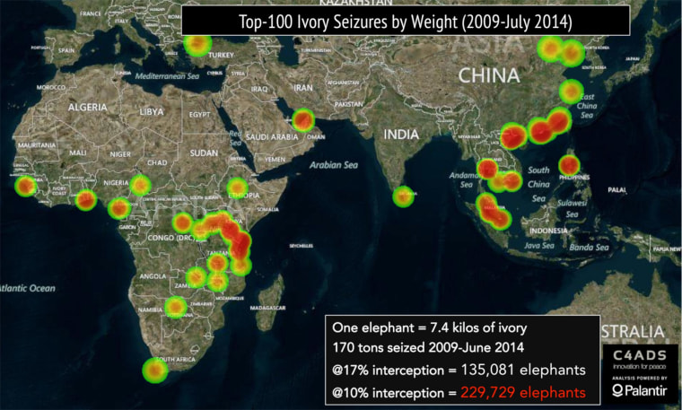 Image: A heat map showing locations of major ivory seizures from 2009-2014