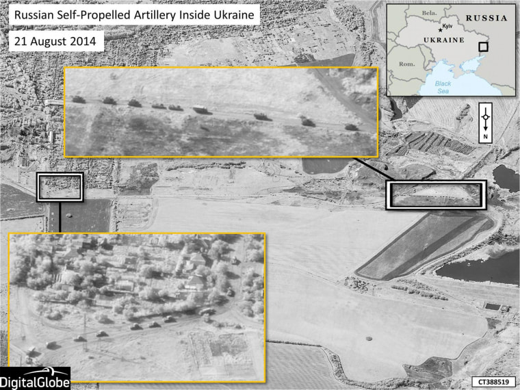 Image: Russian military units moving in a convoy formation with self-propelled artillery in the area of Krasnodon, Ukraine, well inside territory controlled by Russian separatists, in this satellite image captured on Aug. 21