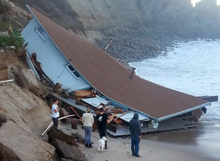 Image: The destroyed lifeguard building rests on the beach at Sycamore Cove in Point Mugu State Park, Calif.