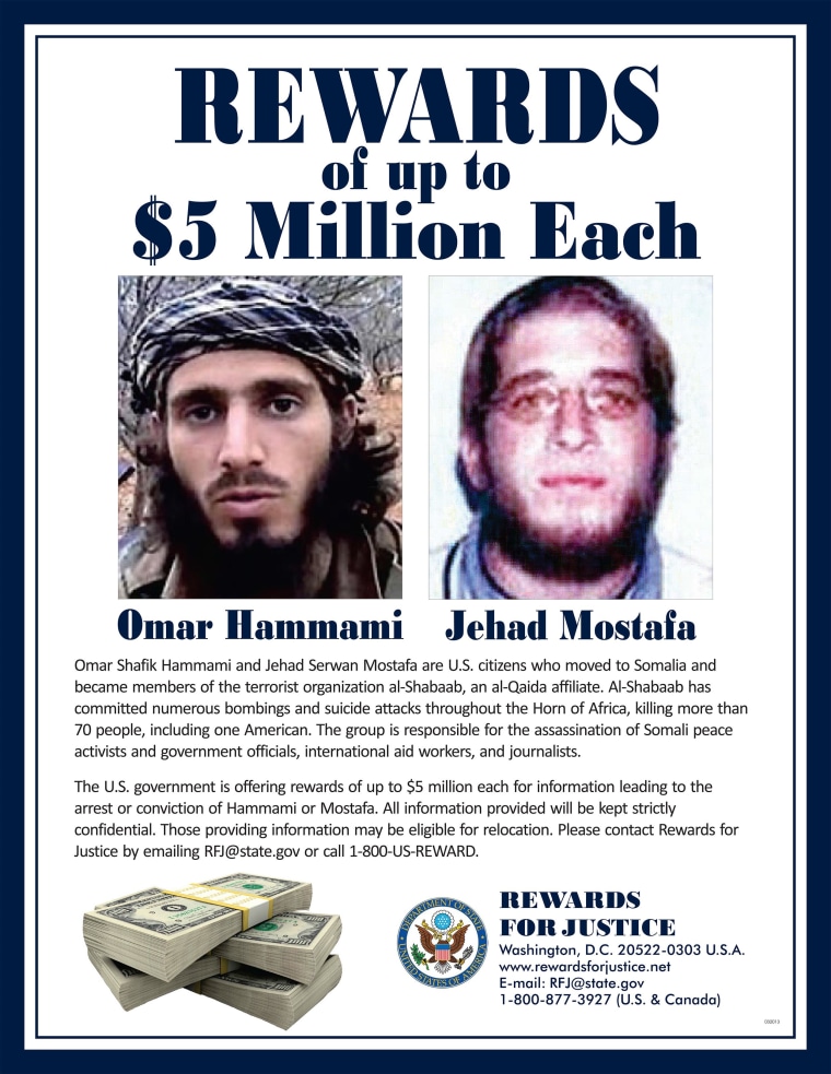 Image: A wanted poster for U.S. citizens Omar Shafik Hammami and Jehad Serwan Mostafa, members of the terrorist organization al-Shabaab, an al-Qaida affiliate.