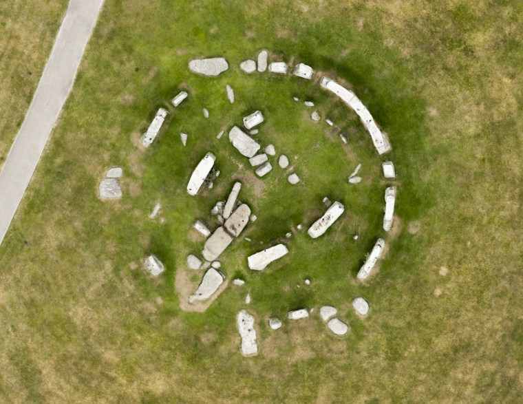 This view of Stonehenge from above was assembled from aerial photographs taken by Damian Grady on July 26, 2013.  Some post-production adjustments have been made to contrast and exposure for this publication image.  Orthophoto created by Simon Crutchley and Jon Bedford.