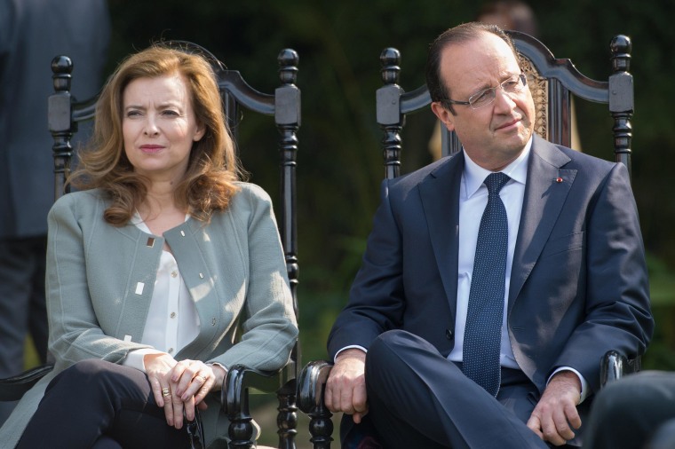 Image: France's President Francois Hollande and his partner Valerie Trierweiler at the Nehru Institute in New Delhi on Feb. 15, 2013.