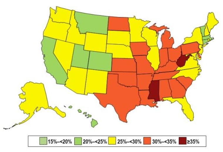 Image: Chart showing prevalence of Self-Reported Obesity Among U.S. Adults by State, BRFSS, 2013