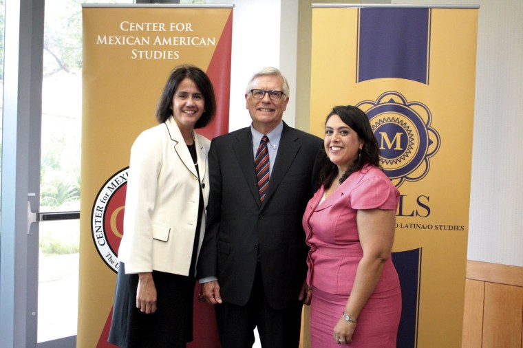 Domino Perez, director of Center for Mexican American Studies; Randy Diehl, Dean, College of Liberal Arts, and Nicole Guidotti-Hernandez, chair, department of Mexican American and Latina/o Studies.