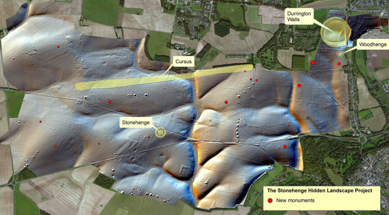 Image: Red circles mark the spots where new monuments were discovered around Stonehenge