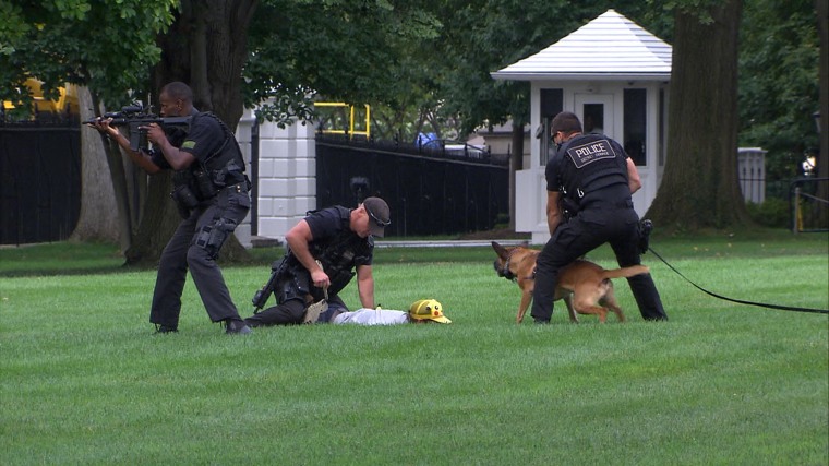 Image: Just after 6pm a man jumped over the WH fence of the North Lawn, before  Secret Service Uniform Division Officers arrested him.