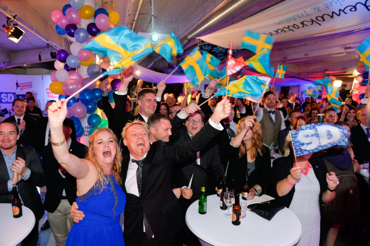 Image: Sweden Democrats celebrate during Sweden's election night