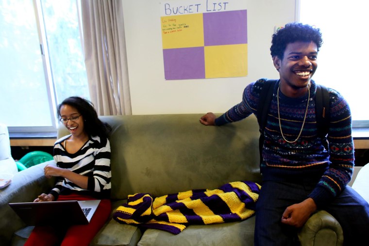 Image:  Christine Tamir and David Weathers, a 17-year-old freshman at Williams College in Williamstown, MA, chat in their dorm .