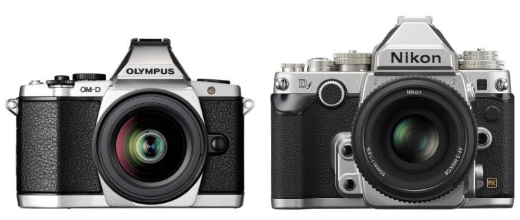 The compact Olympus E-M5 and bulkier Nikon Df both show clear influences of '60s and '70s-era design.