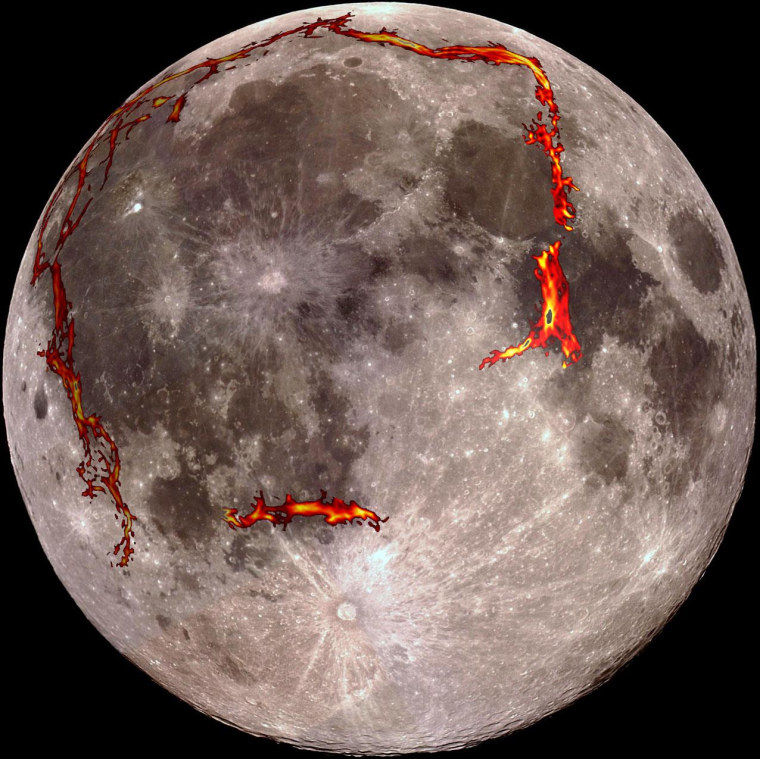 The full moon as seen from the Earth, with the Ocean of Storms (Procellarum) border structures superimposed in red. Scientists now think this huge feature on the moon was formed by lunar lava early in the moon's formation, and not a cataclysmic impact.