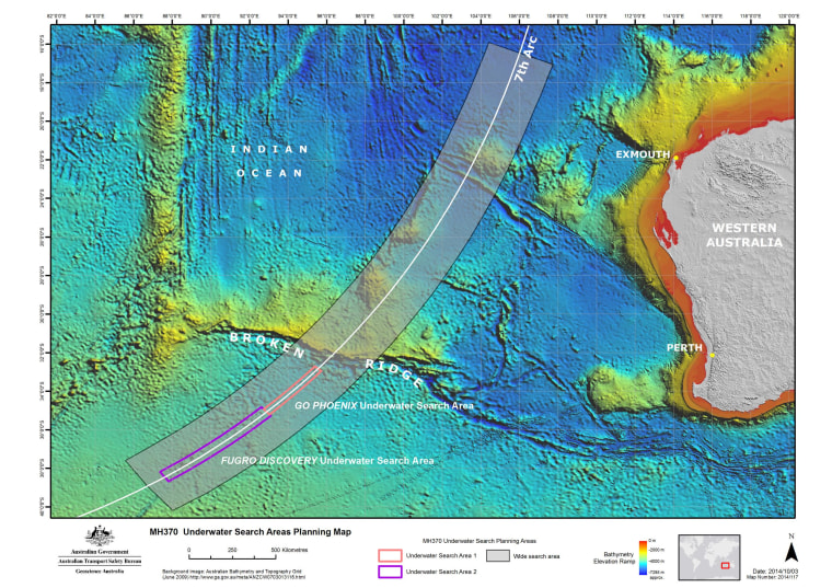 A map showing the planned search areas in the hunt for missing Malaysia Airlines Flight MH370.