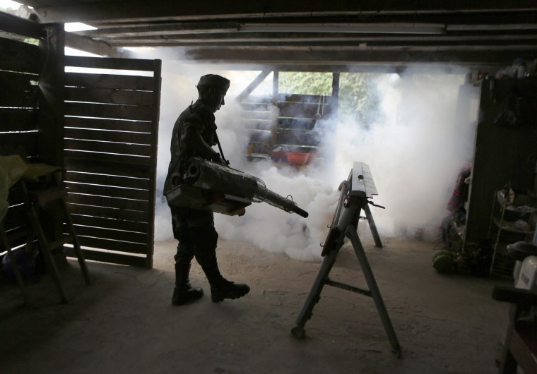 Image: A Bolivian soldier fumigates a slum