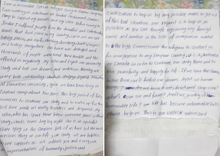 Image: Letters handed to a UNHCR worker at the Zaatari refugee camp in Jordan by a 21-year-old Syrian refugee.