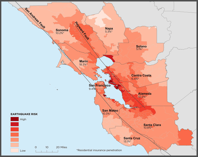 This map shows risk of a 6.7 magnitude earthquake or greater striking over the next 30 years, along with percentage of homeowners who carry earthquake insurance.