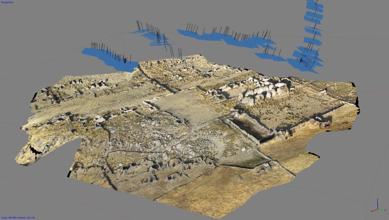 3D model of the planned colonial town of Mawchu Llacta in highland Peru, reconstructed from 241 aerial photos.