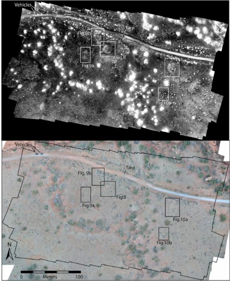 In the thermal image (top), features can be distinguished that are far more difficult to see in the visible-light photo below.