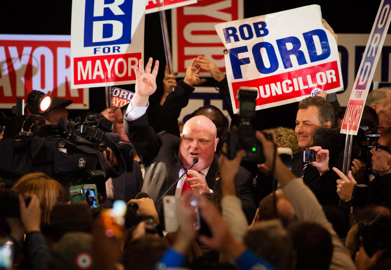 Image: Rob Ford speaks to supporters after winning his seat on city council