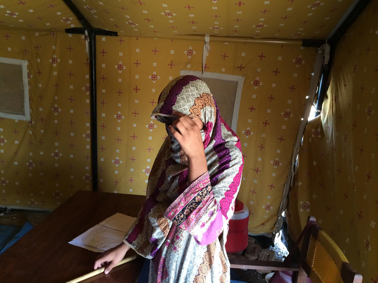 18-year-old teacher Zainab in a tent used as a classroom in the Bakakhel IDP camp.