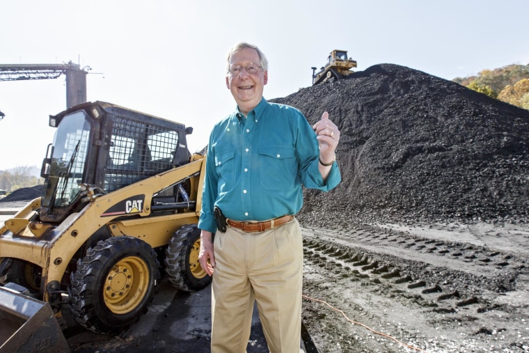 Senate Minority Leader Mitch McConnell of Ky., a 30-year incumbent, greets people at a coal tipple operation, B&W Resources in Manchester, Ky., Monday, Oct. 27, 2014, during the final week before the crucial midterm election that could shift the balance of power in Congress.  (AP Photo/J. Scott Applewhite)