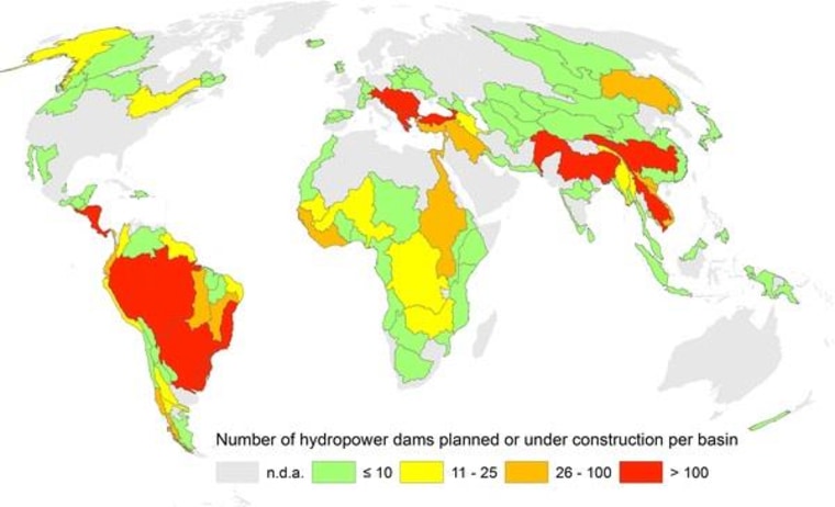 Image: Number of future hydropower dams per major river basin