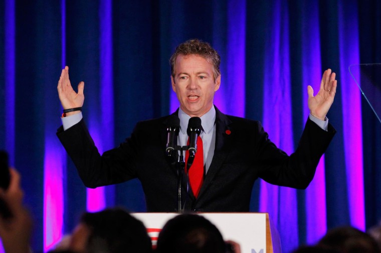 Image: Senator Rand Paul addresses the crowd at U.S. Senate Minority Leader Mitch McConnell's midterm election night rally in Louisville